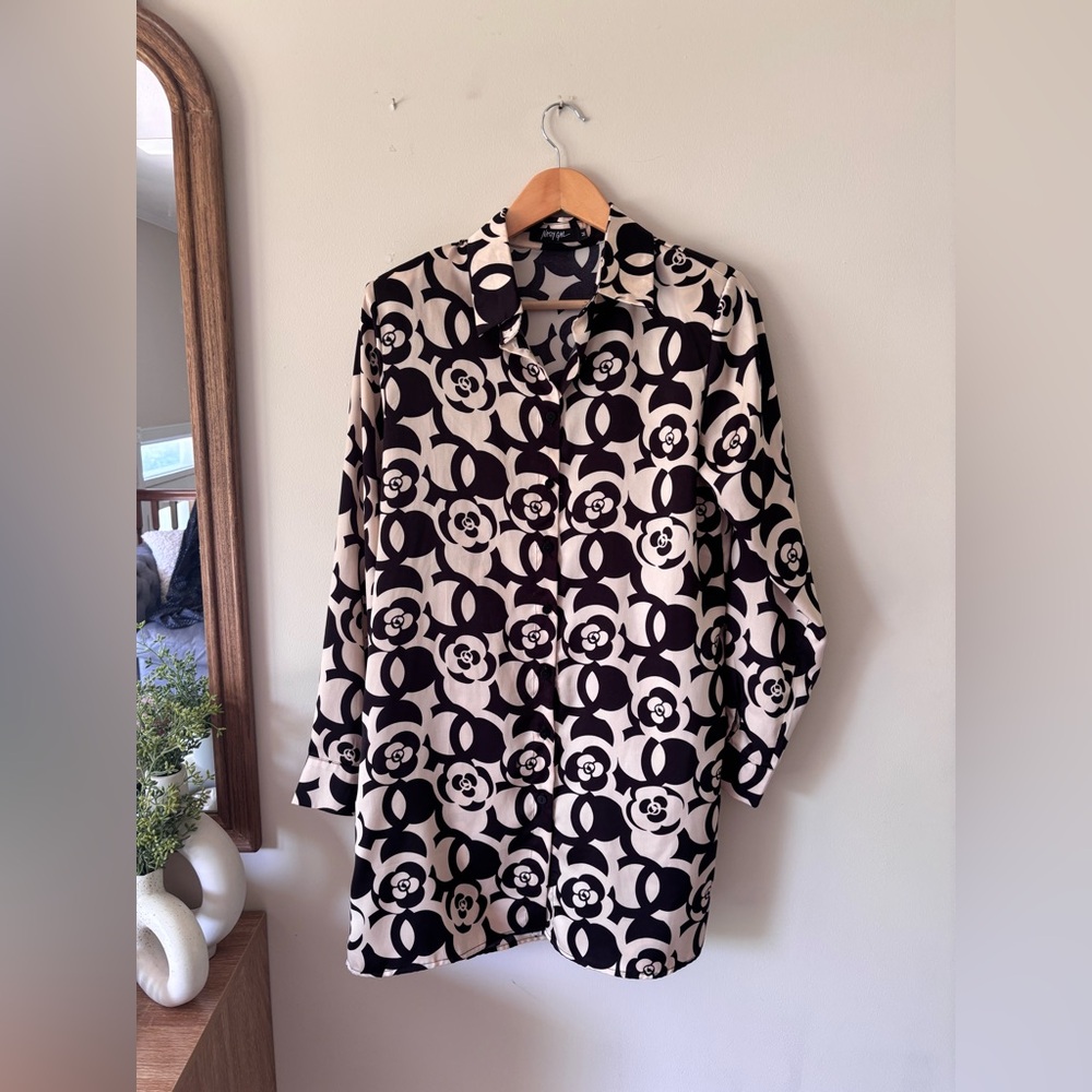 Black and White Patterned Button-Up Shirt Dress